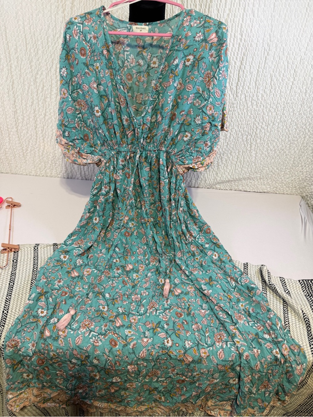 Boho Floral Teal Maxi Dress with Drawstring Waist natural life